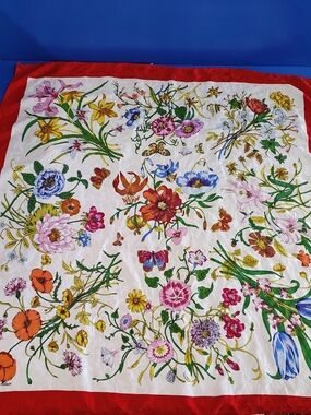 La Varenne St. Gilaire Paris Floral Silk Scarf with Orange Poppy
